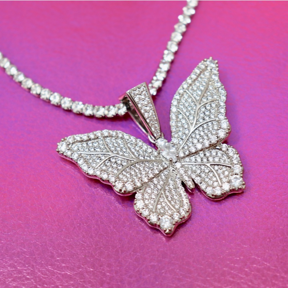 CZ Iced Butterfly Pendant w Gold Silver Iced Chain - Picture 3 of 10
